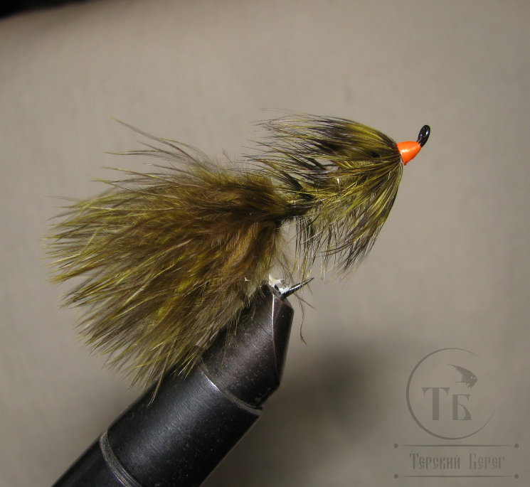 Муха Streamer Leech ( 4 ) Olive Fl. Orange Head Salmon № 6