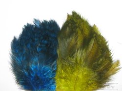 Перо петуха на коже лопаточное рябое Микс Синий / Оливковый  Scapulars feathers Coq de Leon Barred
