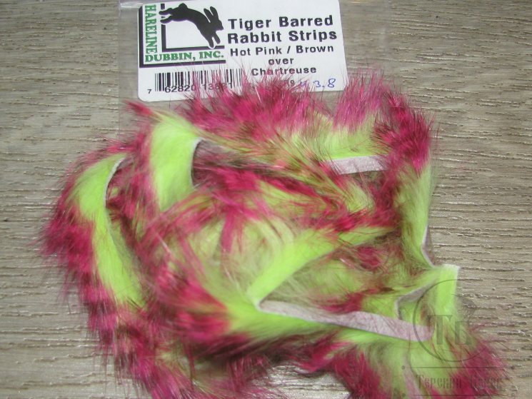 Зонкер кролика tiger barred rabbit strips hot pink / brown over chartreuse Hareline