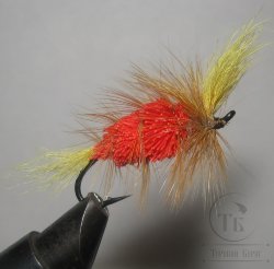 Муха лососёвая на одинарнике ( 15 ) Bomber Natural Deer Fl. Hot Orange Yellow ( кр. Salmon black № 4 )