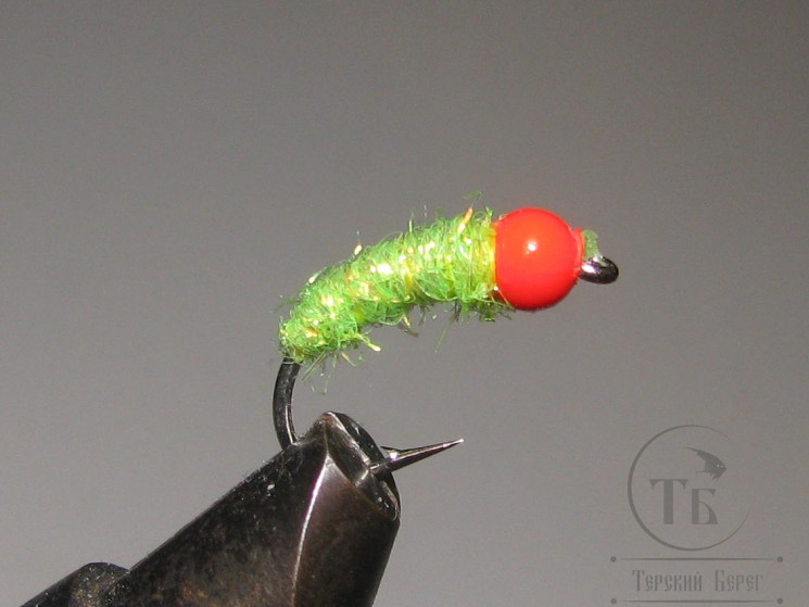 Муха нимфа с вольфрамовой головкой ( 12 ) Nymph Scud Fl. Chartreuse TNG Fl. Orange Head № 8