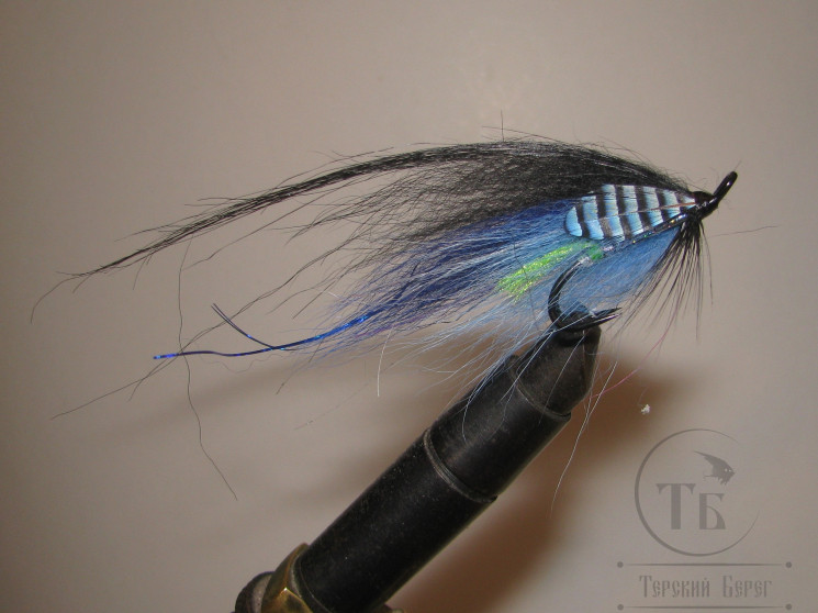 Муха лососёвая на двойнике ( 14 ) Blue Jay Eye Fl. Chart.Tail Monkey Black Partridge Heavy Double № 2